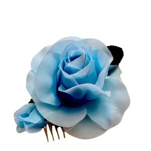 Flower Hair Comb Fastener Pastel Blue Coquette Vintage 1980s Bud Green Leaves